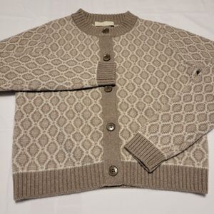 Gobi Organic Cashmere Cardigan Sweater  Beige Cream Geometric Patern Button Up M
